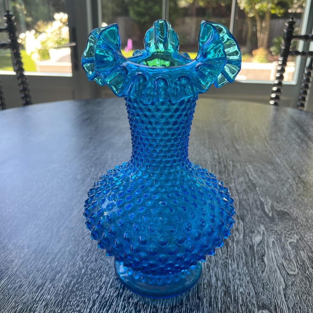 Vintage Fenton Colonial Blue Hobnail Vase Ruffled Glass Vase